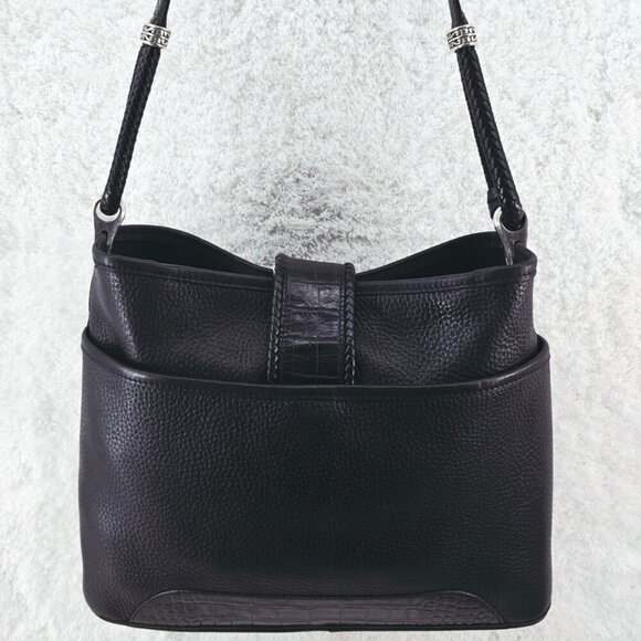 BRIGHTON Black Pebble and Black Croc Embossed Leather Shoulder Bag Braided Strap - Picture 7 of 16